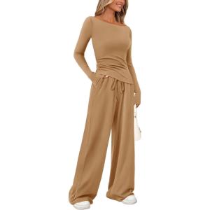 PRETTYGARDEN Women’s 2 Piece Lounge Sets Asymmetrical Long Sleeve T Shirt Wide Leg Pants Casual Outfits Tracksuit(Khaki)