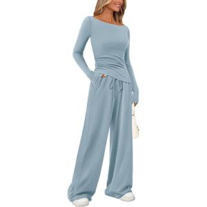 PRETTYGARDEN Women’s 2 Piece Lounge Sets Asymmetrical Long Sleeve T Shirt Wide Leg Pants Casual Outfits Tracksuit(Light Blue)