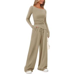 PRETTYGARDEN Women’s 2 Piece Lounge Sets Asymmetrical Long Sleeve T Shirt Wide Leg Pants Casual Outfits Tracksuit(Light Khaki)