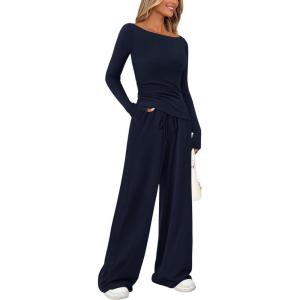 PRETTYGARDEN Women’s 2 Piece Lounge Sets Asymmetrical Long Sleeve T Shirt Wide Leg Pants Casual Outfits Tracksuit(Navy)
