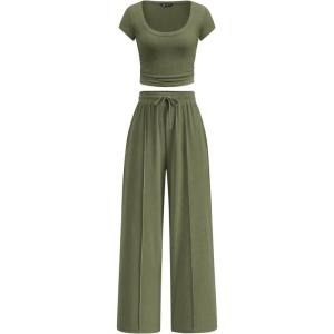 PRETTYGARDEN Women’s 2 Piece Matching Lounge Sets Ribbed Short Sleeve Crop Tops Wide Leg Pants 2026 Summer Airport Outfits(Army Green)