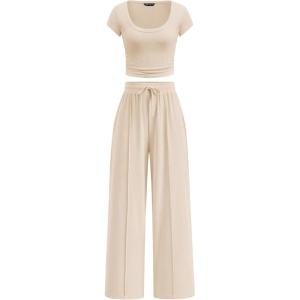 PRETTYGARDEN Women’s 2 Piece Matching Lounge Sets Ribbed Short Sleeve Crop Tops Wide Leg Pants 2026 Summer Airport Outfits(Beige)