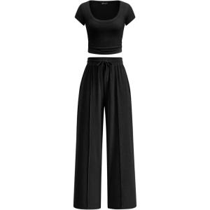 PRETTYGARDEN Women’s 2 Piece Matching Lounge Sets Ribbed Short Sleeve Crop Tops Wide Leg Pants 2026 Summer Airport Outfits(Black)