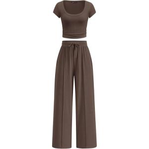 PRETTYGARDEN Women’s 2 Piece Matching Lounge Sets Ribbed Short Sleeve Crop Tops Wide Leg Pants 2026 Summer Airport Outfits(Brown)