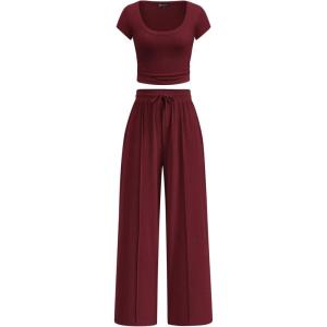 PRETTYGARDEN Women’s 2 Piece Matching Lounge Sets Ribbed Short Sleeve Crop Tops Wide Leg Pants 2026 Summer Airport Outfits(Burgundy)