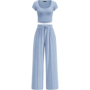 PRETTYGARDEN Women’s 2 Piece Matching Lounge Sets Ribbed Short Sleeve Crop Tops Wide Leg Pants 2026 Summer Airport Outfits(Light Blue)