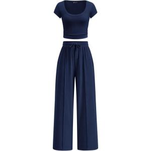 PRETTYGARDEN Women’s 2 Piece Matching Lounge Sets Ribbed Short Sleeve Crop Tops Wide Leg Pants 2026 Summer Airport Outfits(Navy Blue)