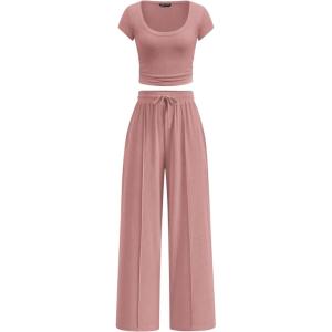 PRETTYGARDEN Women’s 2 Piece Matching Lounge Sets Ribbed Short Sleeve Crop Tops Wide Leg Pants 2026 Summer Airport Outfits(Pink)