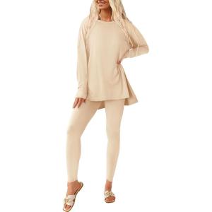 PRETTYGARDEN Women’s 2 Piece Outfits 2026 Spring Long Sleeve Tunic Tops Legging Pants Fall Matching Lounge Sets Sweatsuits(Beige)