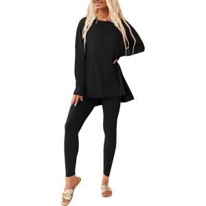 PRETTYGARDEN Women’s 2 Piece Outfits 2026 Spring Long Sleeve Tunic Tops Legging Pants Fall Matching Lounge Sets Sweatsuits(Black)