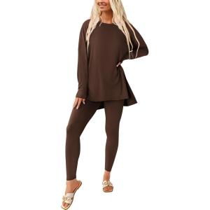 PRETTYGARDEN Women’s 2 Piece Outfits 2026 Spring Long Sleeve Tunic Tops Legging Pants Fall Matching Lounge Sets Sweatsuits(Coffee)