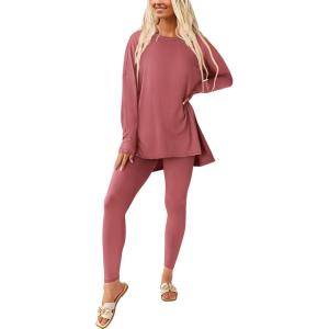 PRETTYGARDEN Women’s 2 Piece Outfits 2026 Spring Long Sleeve Tunic Tops Legging Pants Fall Matching Lounge Sets Sweatsuits(Dusty Pink)