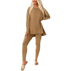 PRETTYGARDEN Women’s 2 Piece Outfits 2026 Spring Long Sleeve Tunic Tops Legging Pants Fall Matching Lounge Sets Sweatsuits(Khaki)