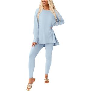 PRETTYGARDEN Women’s 2 Piece Outfits 2026 Spring Long Sleeve Tunic Tops Legging Pants Fall Matching Lounge Sets Sweatsuits(Light Blue)