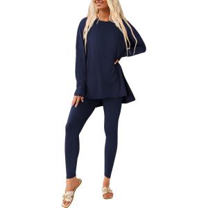 PRETTYGARDEN Women’s 2 Piece Outfits 2026 Spring Long Sleeve Tunic Tops Legging Pants Fall Matching Lounge Sets Sweatsuits(Navy)