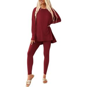 PRETTYGARDEN Women’s 2 Piece Outfits 2026 Spring Long Sleeve Tunic Tops Legging Pants Fall Matching Lounge Sets Sweatsuits(Wine Red)