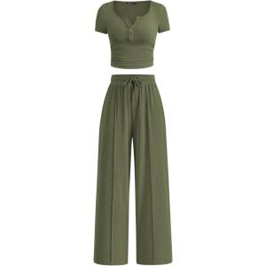 PRETTYGARDEN Womens 2 Piece Outfits Summer 2026 Ribbed Knit Button Short Sleeve Tops Casual Wide Leg Pants Lounge Sets(Army Green)