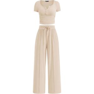 PRETTYGARDEN Womens 2 Piece Outfits Summer 2026 Ribbed Knit Button Short Sleeve Tops Casual Wide Leg Pants Lounge Sets(Beige)