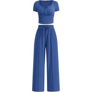 PRETTYGARDEN Womens 2 Piece Outfits Summer 2026 Ribbed Knit Button Short Sleeve Tops Casual Wide Leg Pants Lounge Sets(Blue)