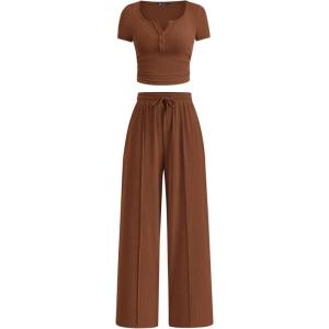 PRETTYGARDEN Womens 2 Piece Outfits Summer 2026 Ribbed Knit Button Short Sleeve Tops Casual Wide Leg Pants Lounge Sets(Brown)