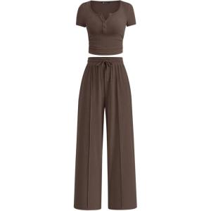 PRETTYGARDEN Womens 2 Piece Outfits Summer 2026 Ribbed Knit Button Short Sleeve Tops Casual Wide Leg Pants Lounge Sets(Coffee)