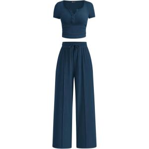 PRETTYGARDEN Womens 2 Piece Outfits Summer 2026 Ribbed Knit Button Short Sleeve Tops Casual Wide Leg Pants Lounge Sets(Dark Blue)