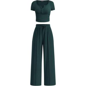 PRETTYGARDEN Womens 2 Piece Outfits Summer 2026 Ribbed Knit Button Short Sleeve Tops Casual Wide Leg Pants Lounge Sets(Dark Green)