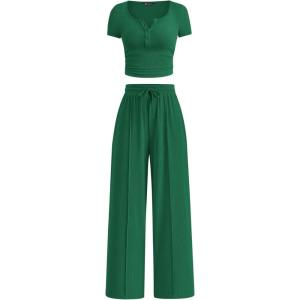 PRETTYGARDEN Womens 2 Piece Outfits Summer 2026 Ribbed Knit Button Short Sleeve Tops Casual Wide Leg Pants Lounge Sets(Green)