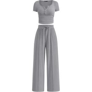 PRETTYGARDEN Womens 2 Piece Outfits Summer 2026 Ribbed Knit Button Short Sleeve Tops Casual Wide Leg Pants Lounge Sets(Grey)