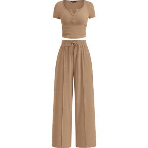 PRETTYGARDEN Womens 2 Piece Outfits Summer 2026 Ribbed Knit Button Short Sleeve Tops Casual Wide Leg Pants Lounge Sets(Khaki)