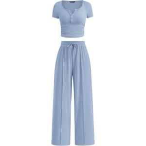 PRETTYGARDEN Womens 2 Piece Outfits Summer 2026 Ribbed Knit Button Short Sleeve Tops Casual Wide Leg Pants Lounge Sets(Light Blue)