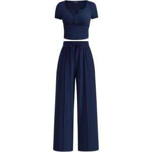 PRETTYGARDEN Womens 2 Piece Outfits Summer 2026 Ribbed Knit Button Short Sleeve Tops Casual Wide Leg Pants Lounge Sets(Navy)