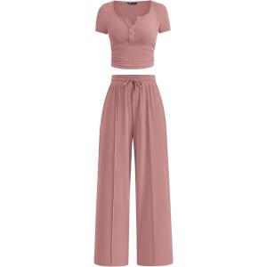 PRETTYGARDEN Womens 2 Piece Outfits Summer 2026 Ribbed Knit Button Short Sleeve Tops Casual Wide Leg Pants Lounge Sets(Pink)