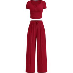 PRETTYGARDEN Womens 2 Piece Outfits Summer 2026 Ribbed Knit Button Short Sleeve Tops Casual Wide Leg Pants Lounge Sets(Red)