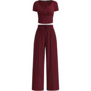 PRETTYGARDEN Womens 2 Piece Outfits Summer 2026 Ribbed Knit Button Short Sleeve Tops Casual Wide Leg Pants Lounge Sets(Wine Red)