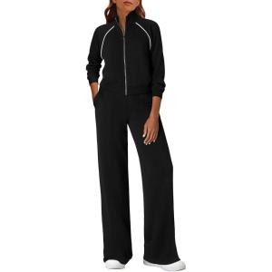 PRETTYGARDEN Womens 2 Piece Outfits Sweatsuits 2026 Fall Full Zip Sweatshirts Workout Pants Matching Lounge Sets Tracksuits(Black)