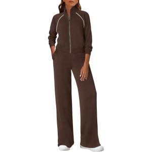 PRETTYGARDEN Womens 2 Piece Outfits Sweatsuits 2026 Fall Full Zip Sweatshirts Workout Pants Matching Lounge Sets Tracksuits(Brown)