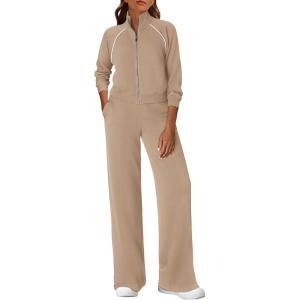 PRETTYGARDEN Womens 2 Piece Outfits Sweatsuits 2026 Fall Full Zip Sweatshirts Workout Pants Matching Lounge Sets Tracksuits(Khaki)