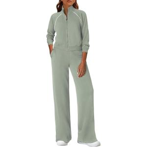 PRETTYGARDEN Womens 2 Piece Outfits Sweatsuits 2026 Fall Full Zip Sweatshirts Workout Pants Matching Lounge Sets Tracksuits(Sage Green)