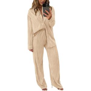 PRETTYGARDEN Women’s 2 Piece Sets 2026 Fall Casual Textured Button Down Shirt Wide Leg Pants Outfits Loungewear Tracksuit(Apricot)