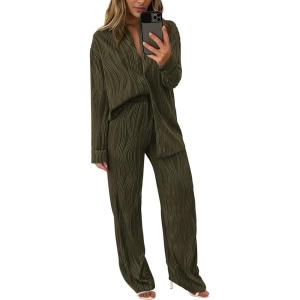 PRETTYGARDEN Women’s 2 Piece Sets 2026 Fall Casual Textured Button Down Shirt Wide Leg Pants Outfits Loungewear Tracksuit(Army Green)