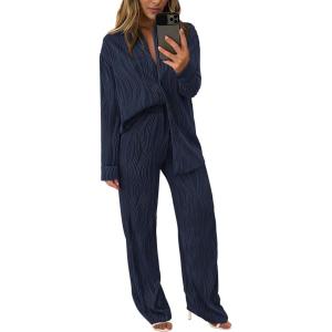 PRETTYGARDEN Women’s 2 Piece Sets 2026 Fall Casual Textured Button Down Shirt Wide Leg Pants Outfits Loungewear Tracksuit(Dark Blue)
