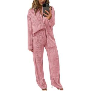 PRETTYGARDEN Women’s 2 Piece Sets 2026 Fall Casual Textured Button Down Shirt Wide Leg Pants Outfits Loungewear Tracksuit(Dusty Pink)