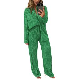 PRETTYGARDEN Women’s 2 Piece Sets 2026 Fall Casual Textured Button Down Shirt Wide Leg Pants Outfits Loungewear Tracksuit(Green)