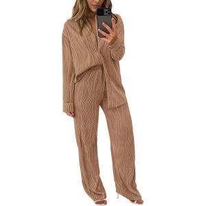 PRETTYGARDEN Women’s 2 Piece Sets 2026 Fall Casual Textured Button Down Shirt Wide Leg Pants Outfits Loungewear Tracksuit(Khaki)
