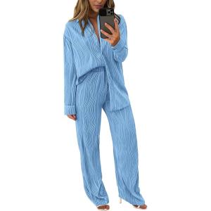 PRETTYGARDEN Women’s 2 Piece Sets 2026 Fall Casual Textured Button Down Shirt Wide Leg Pants Outfits Loungewear Tracksuit(Light Blue)