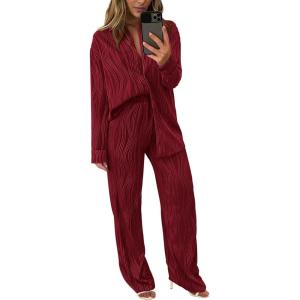 PRETTYGARDEN Women’s 2 Piece Sets 2026 Fall Casual Textured Button Down Shirt Wide Leg Pants Outfits Loungewear Tracksuit(Wine Red)