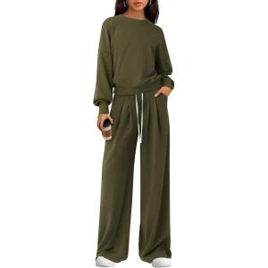 PRETTYGARDEN Womens 2 Piece Sets Long Sleeve Sweatshirt Wide Leg Pants Loose Matching Lounge Set Trendy Fall Outfits(Army Green)