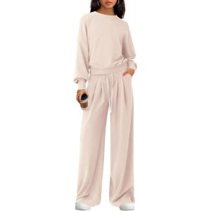 PRETTYGARDEN Womens 2 Piece Sets Long Sleeve Sweatshirt Wide Leg Pants Loose Matching Lounge Set Trendy Fall Outfits(Beige)