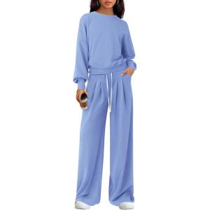 PRETTYGARDEN Womens 2 Piece Sets Long Sleeve Sweatshirt Wide Leg Pants Loose Matching Lounge Set Trendy Fall Outfits(Blue)